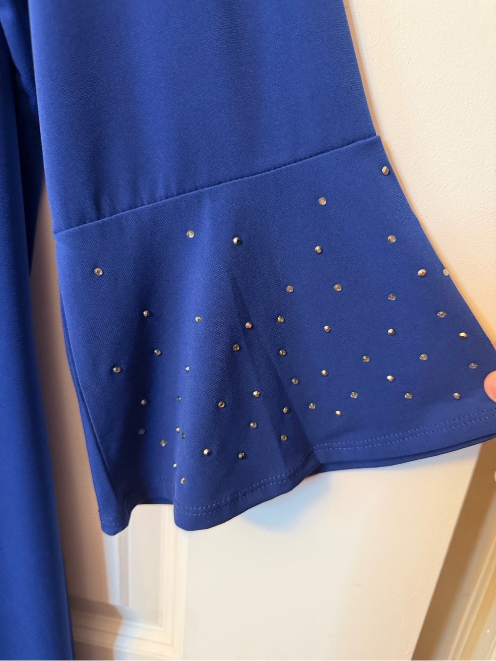 Quacker Factory Stretch Knit Dress with Rhinestone Bell Sleeves -Royal Blue - Picture 6 of 11